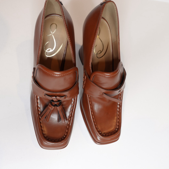 Women's Sam Edelman Brown Leather Heeled Loafers Size 6.5 - Picture 1 of 8